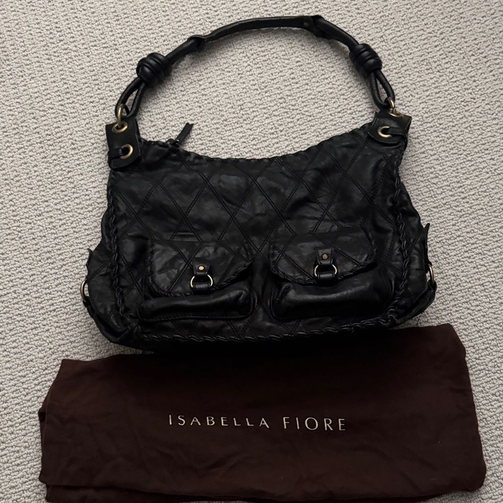 Isabella Fiore Black Leather Quilted Shoulder Hobo Bag
